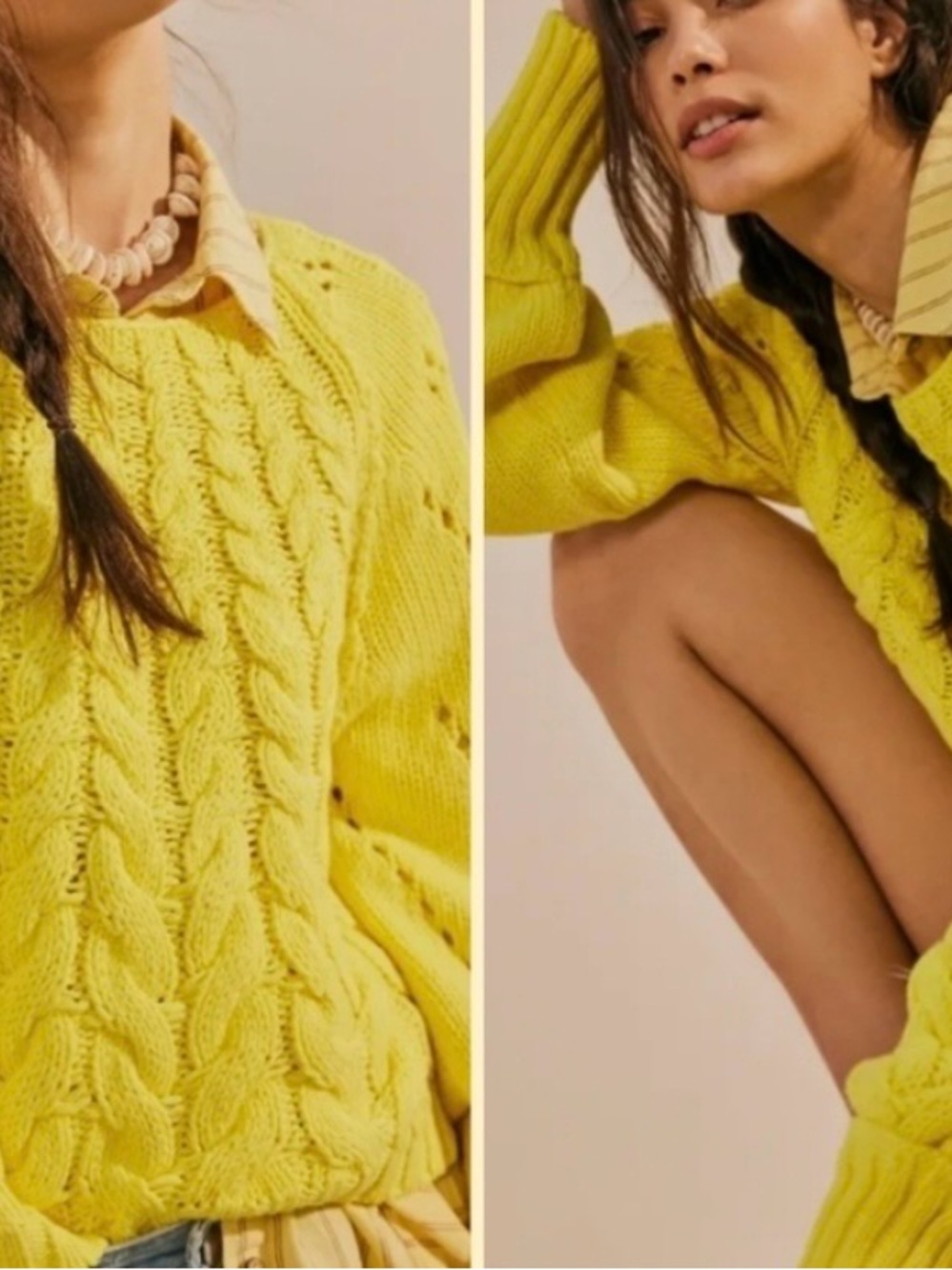 Free People Sandre Bright Yellow Cable Knit Crewneck Sweater